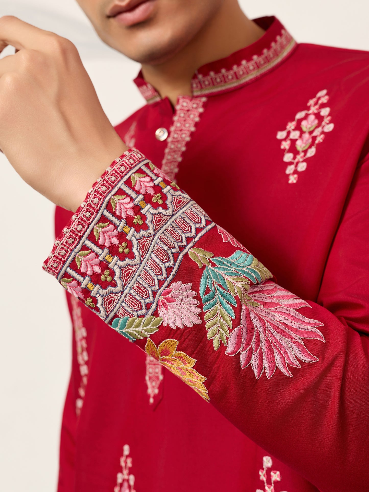 Royal Crimson Red Floral Embroidered Designer Kurta for Men