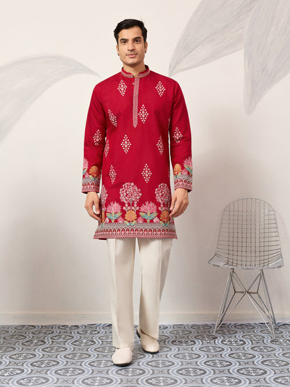 Royal Crimson Red Floral Embroidered Designer Kurta for Men