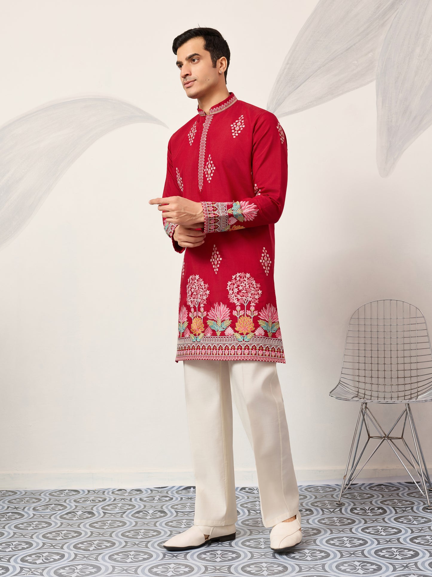 Royal Crimson Red Floral Embroidered Designer Kurta for Men