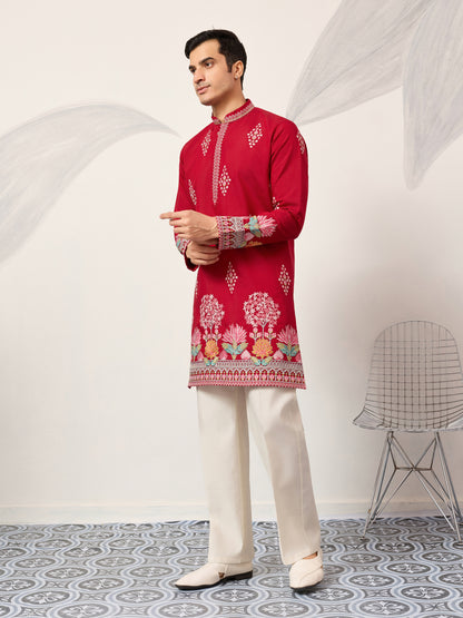 Royal Crimson Red Floral Embroidered Designer Kurta for Men