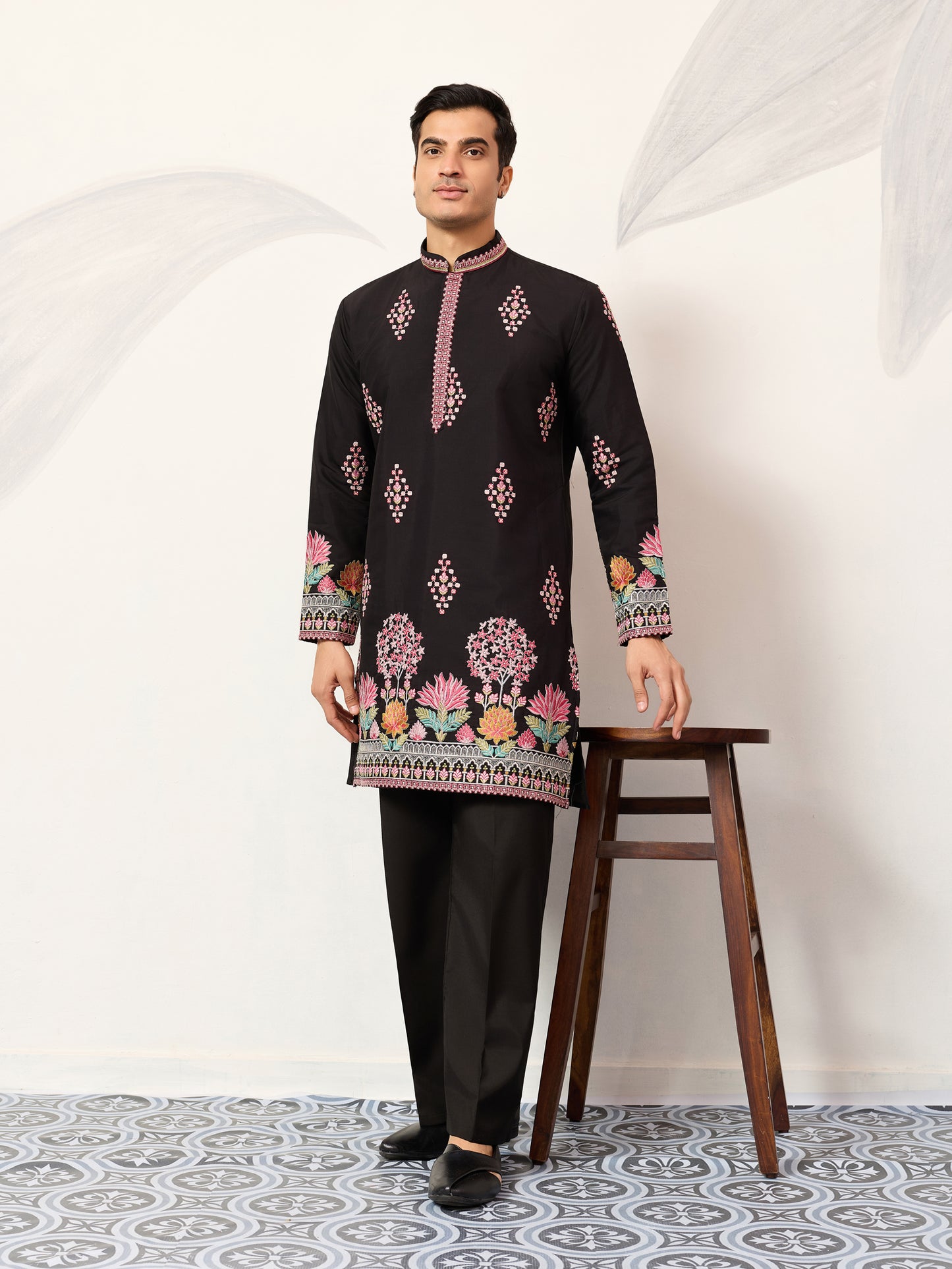 Regal Midnight Black Floral Embroidered Designer Kurta for Men