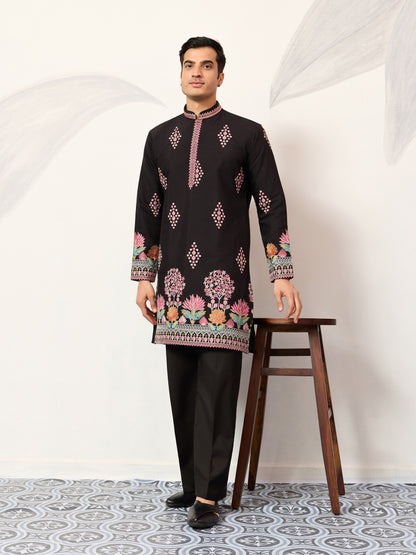 Regal Midnight Black Floral Embroidered Designer Kurta for Men