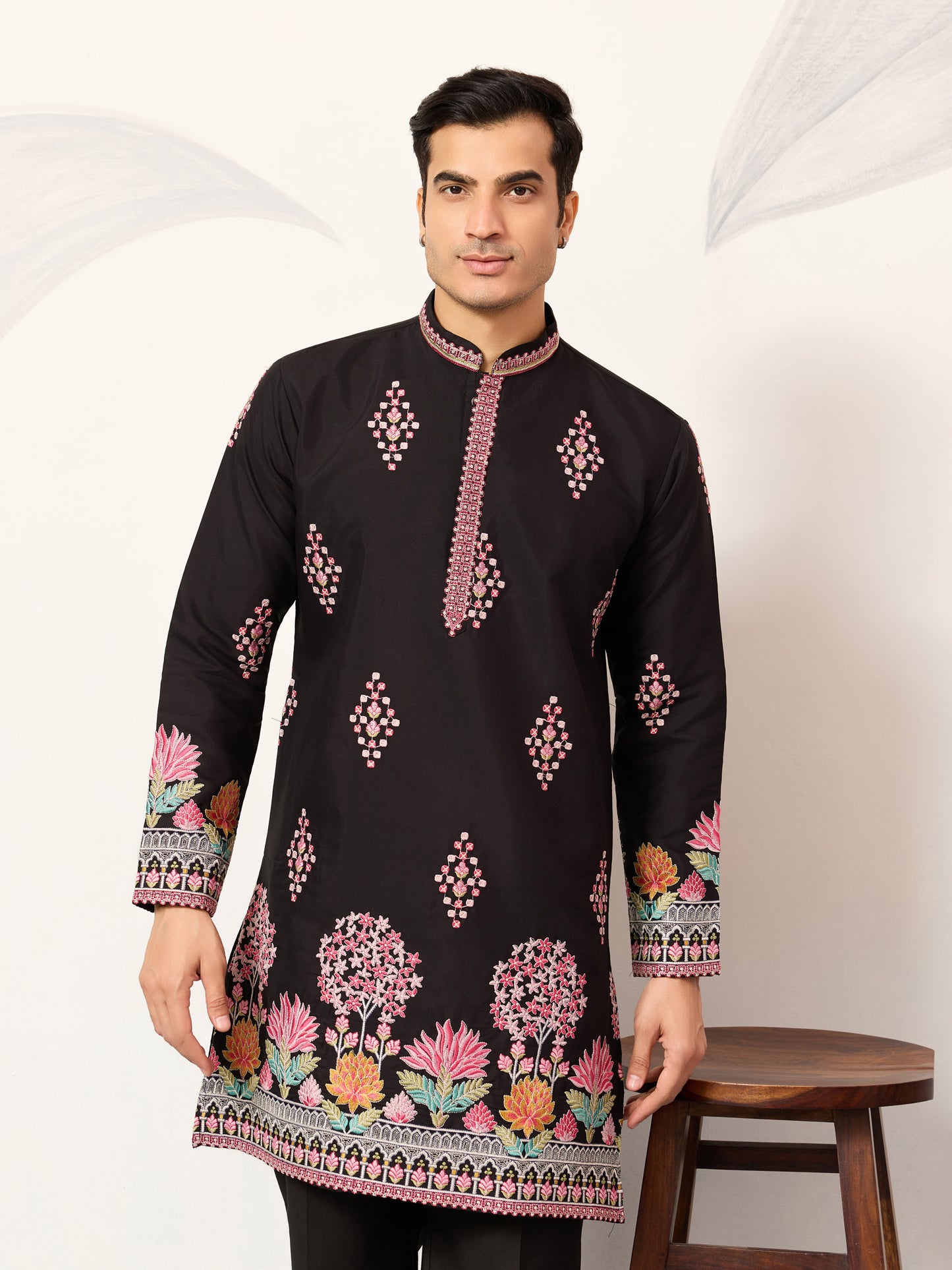 Regal Midnight Black Floral Embroidered Designer Kurta for Men