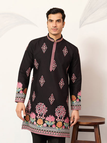 Regal Midnight Black Floral Embroidered Designer Kurta for Men