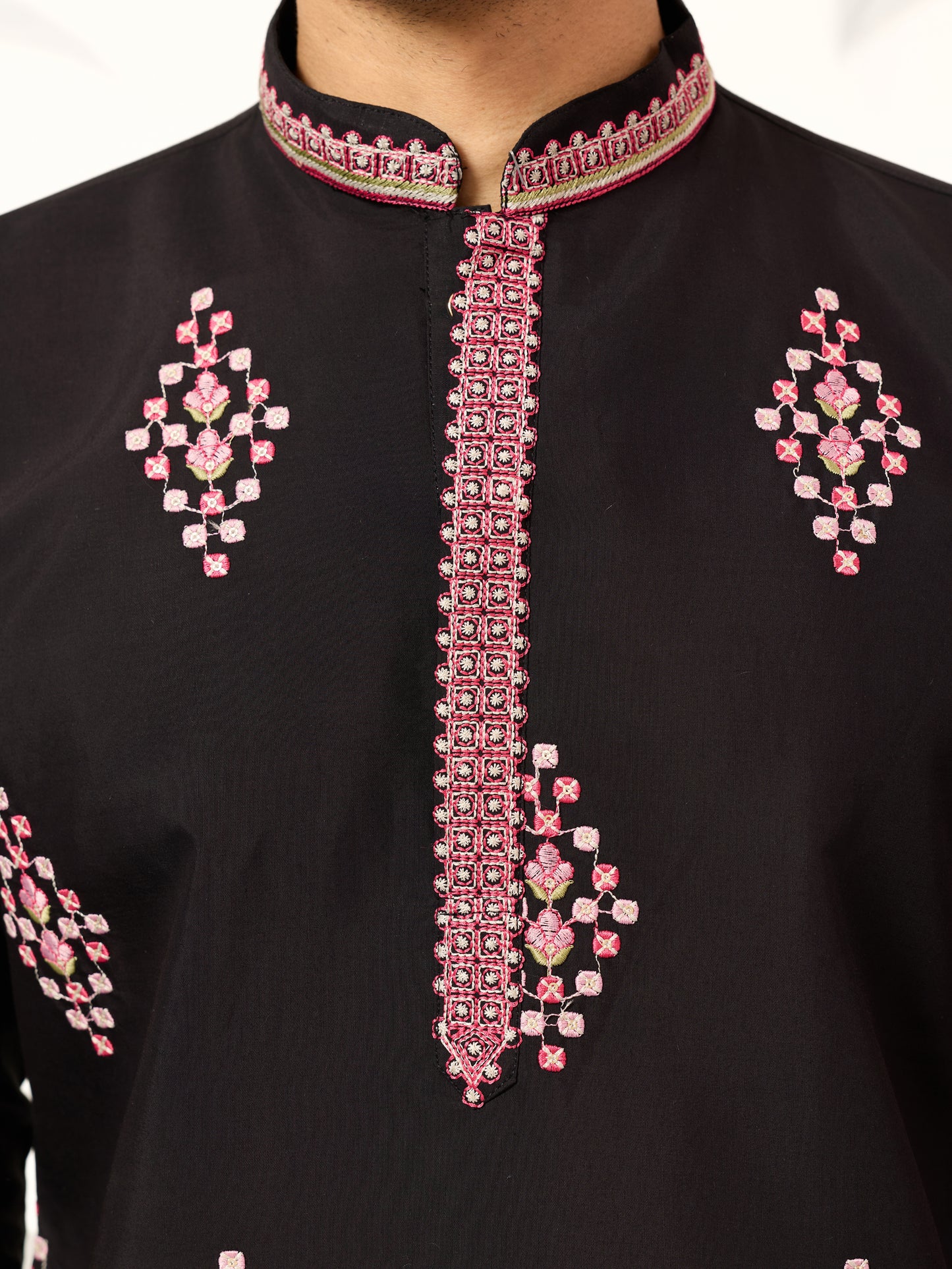 Regal Midnight Black Floral Embroidered Designer Kurta for Men