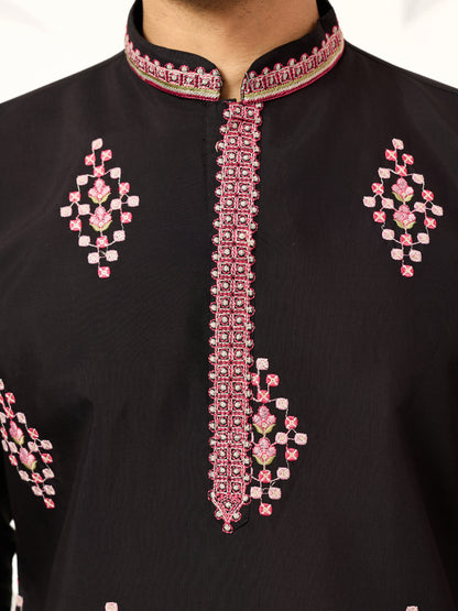 Regal Midnight Black Floral Embroidered Designer Kurta for Men