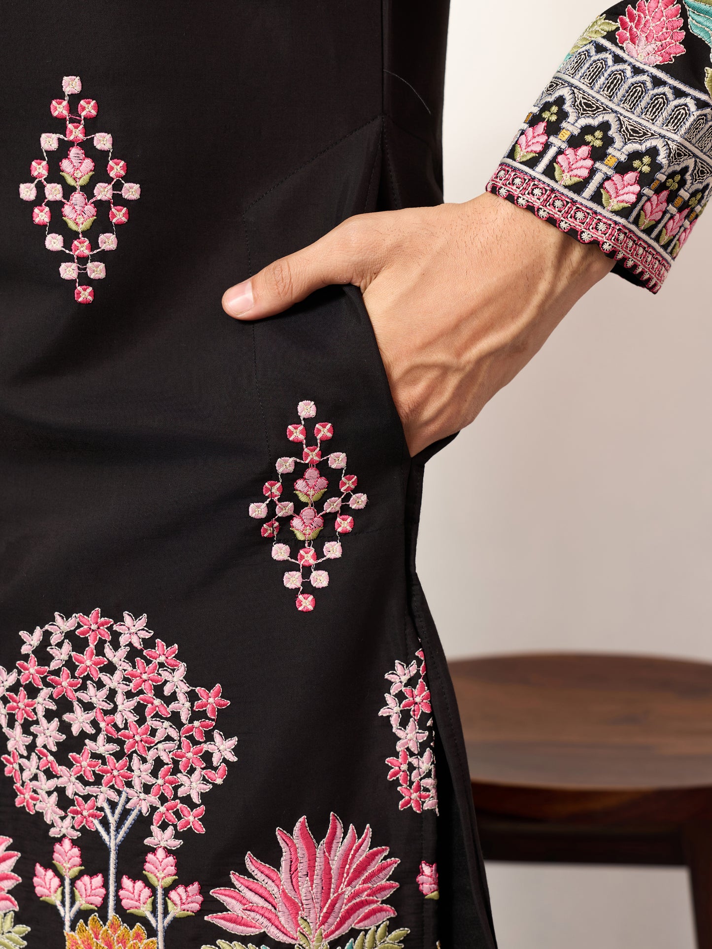 Regal Midnight Black Floral Embroidered Designer Kurta for Men