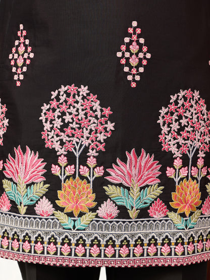 Regal Midnight Black Floral Embroidered Designer Kurta for Men