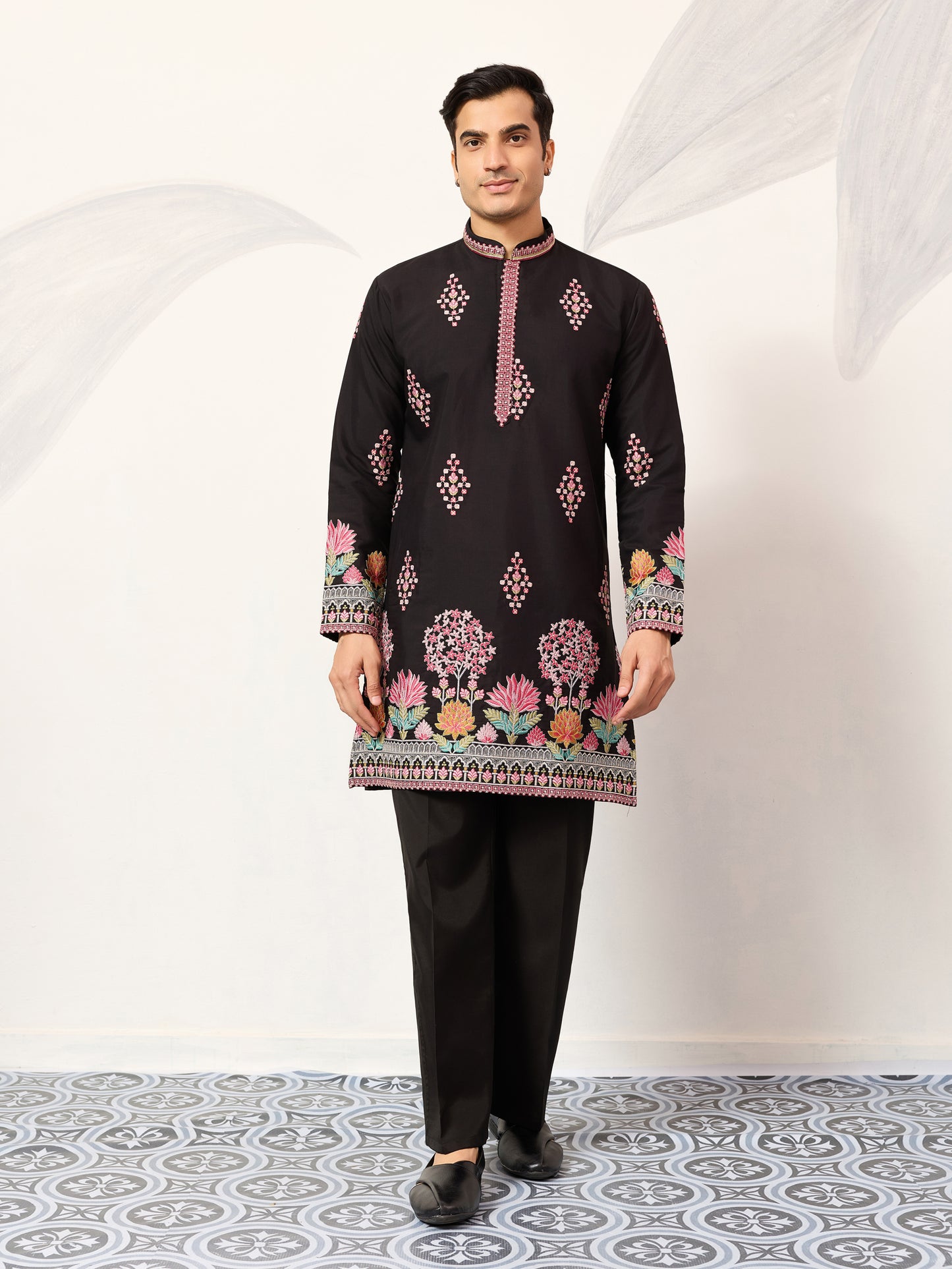 Regal Midnight Black Floral Embroidered Designer Kurta for Men