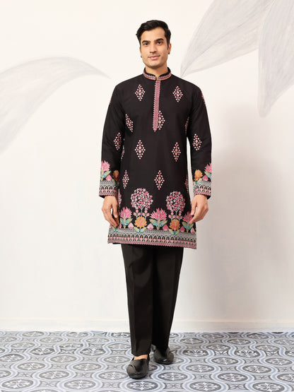 Regal Midnight Black Floral Embroidered Designer Kurta for Men