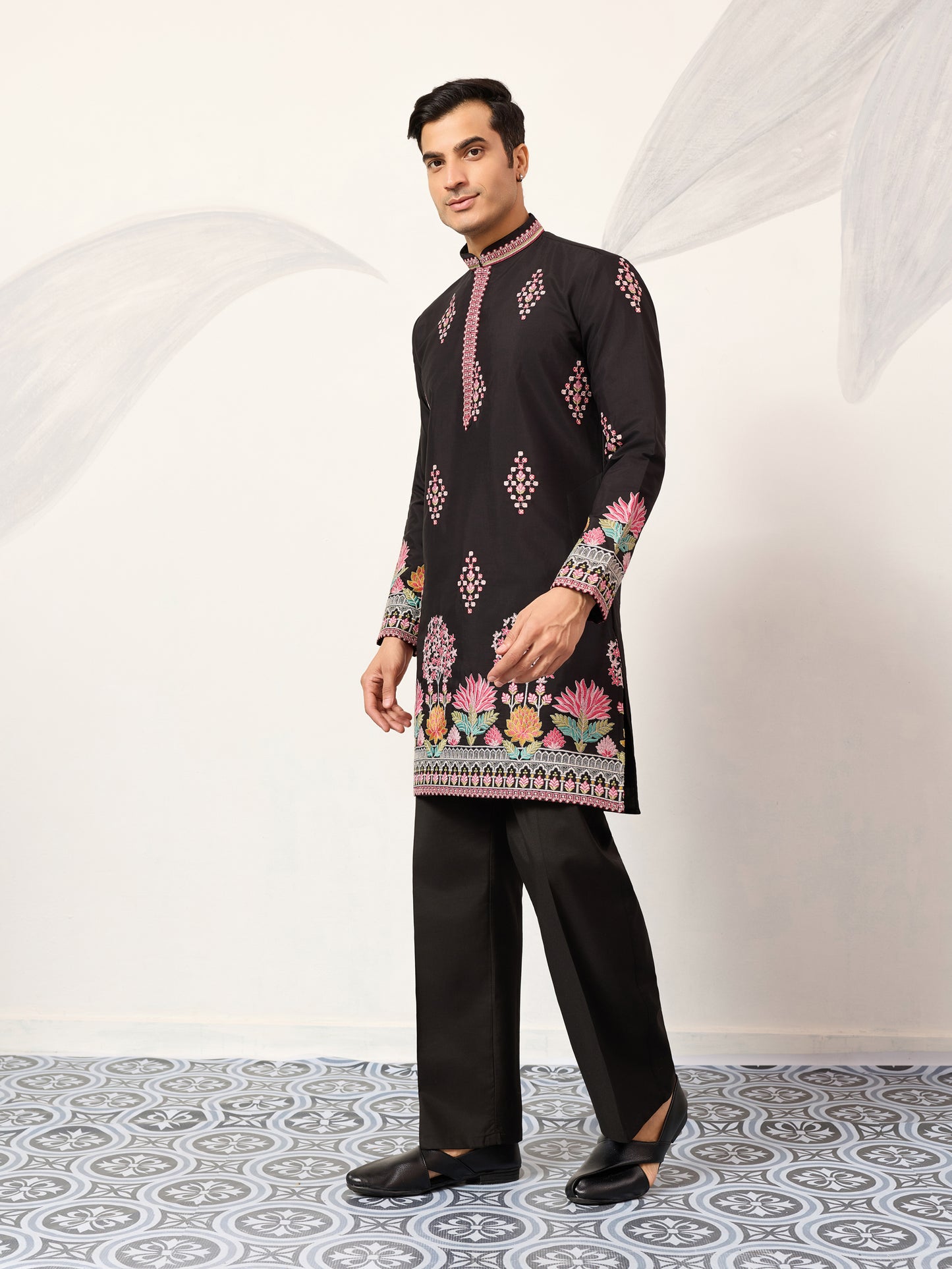 Regal Midnight Black Floral Embroidered Designer Kurta for Men