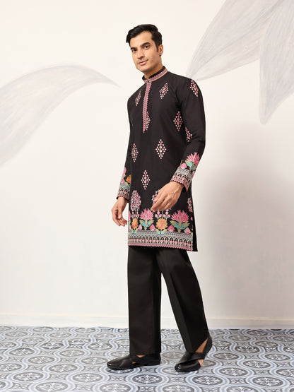 Regal Midnight Black Floral Embroidered Designer Kurta for Men