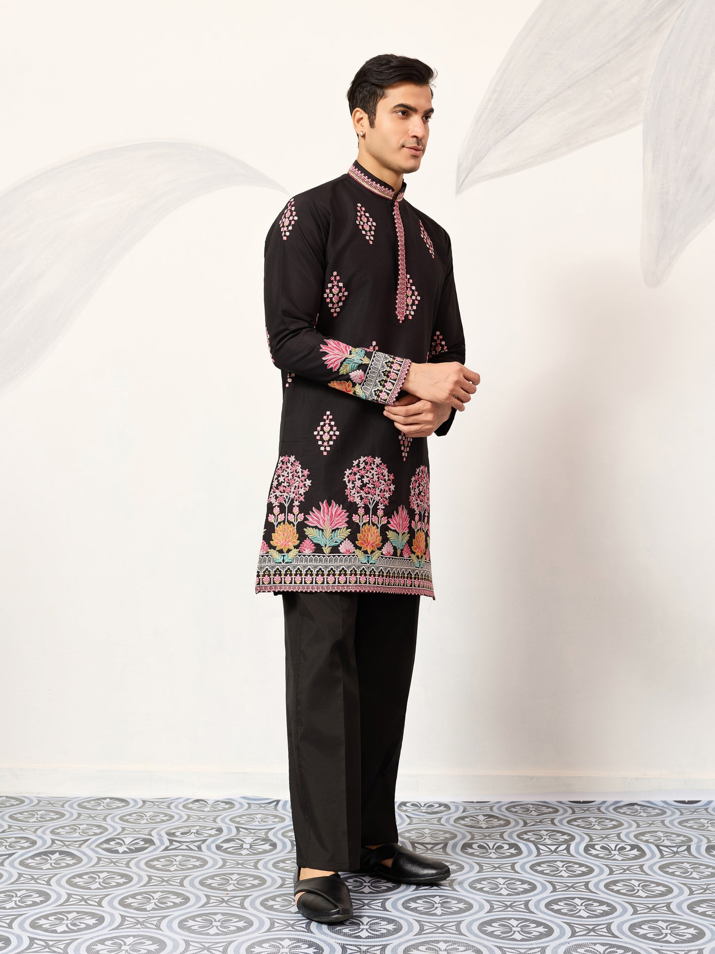 Regal Midnight Black Floral Embroidered Designer Kurta for Men