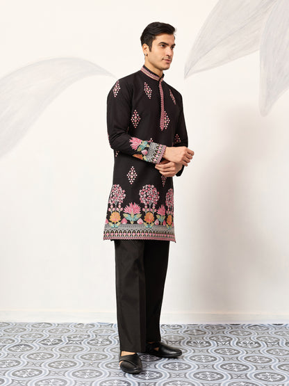 Regal Midnight Black Floral Embroidered Designer Kurta for Men