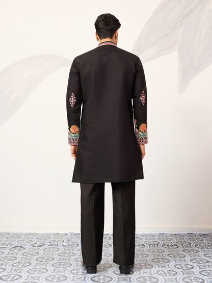 Regal Midnight Black Floral Embroidered Designer Kurta for Men