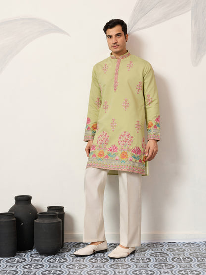 Royal Pista Bloom Embroidered Kurta for Men – Premium Festive Wear