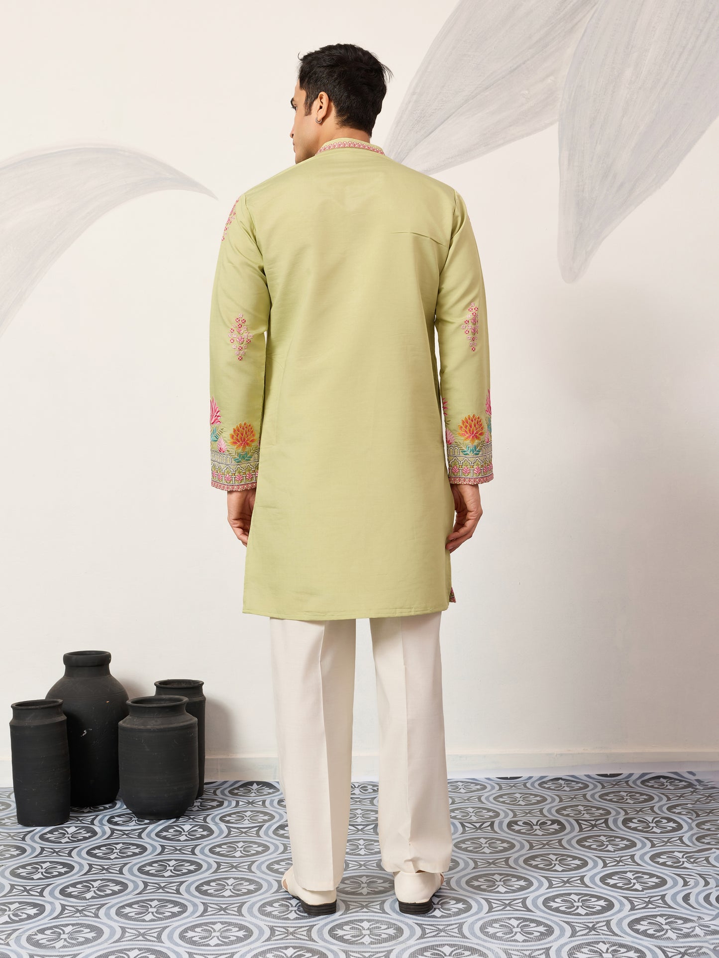 Royal Pista Bloom Embroidered Kurta for Men – Premium Festive Wear