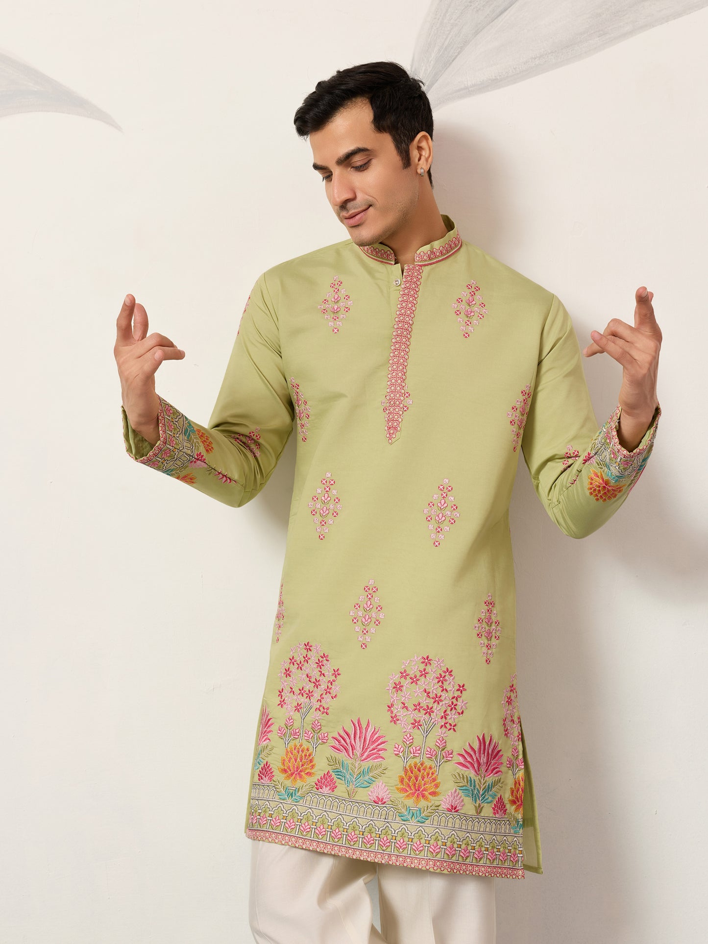 Royal Pista Bloom Embroidered Kurta for Men – Premium Festive Wear