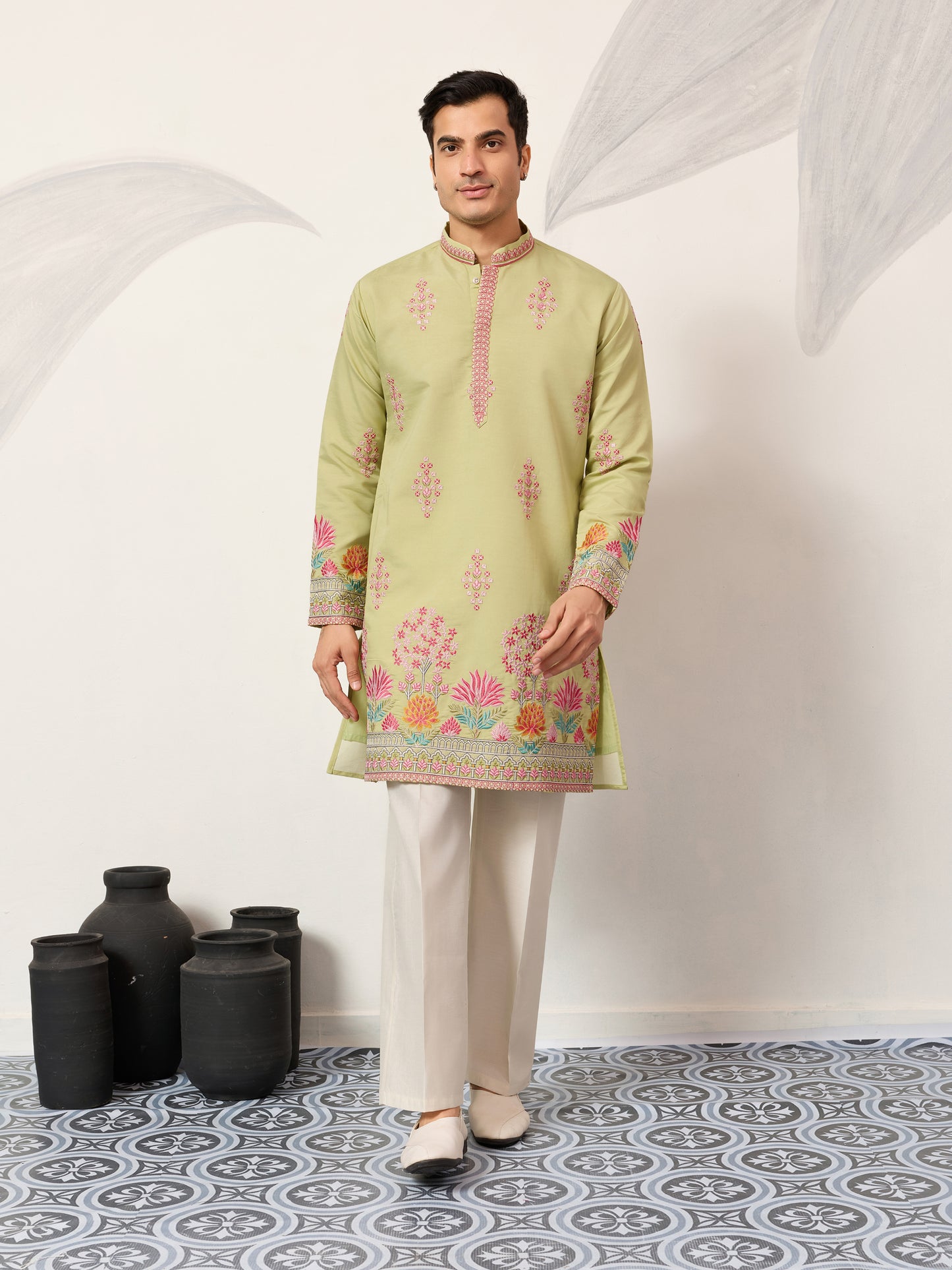 Royal Pista Bloom Embroidered Kurta for Men – Premium Festive Wear