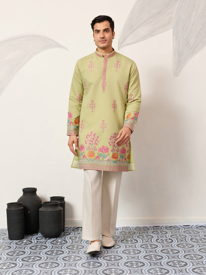 Royal Pista Bloom Embroidered Kurta for Men – Premium Festive Wear