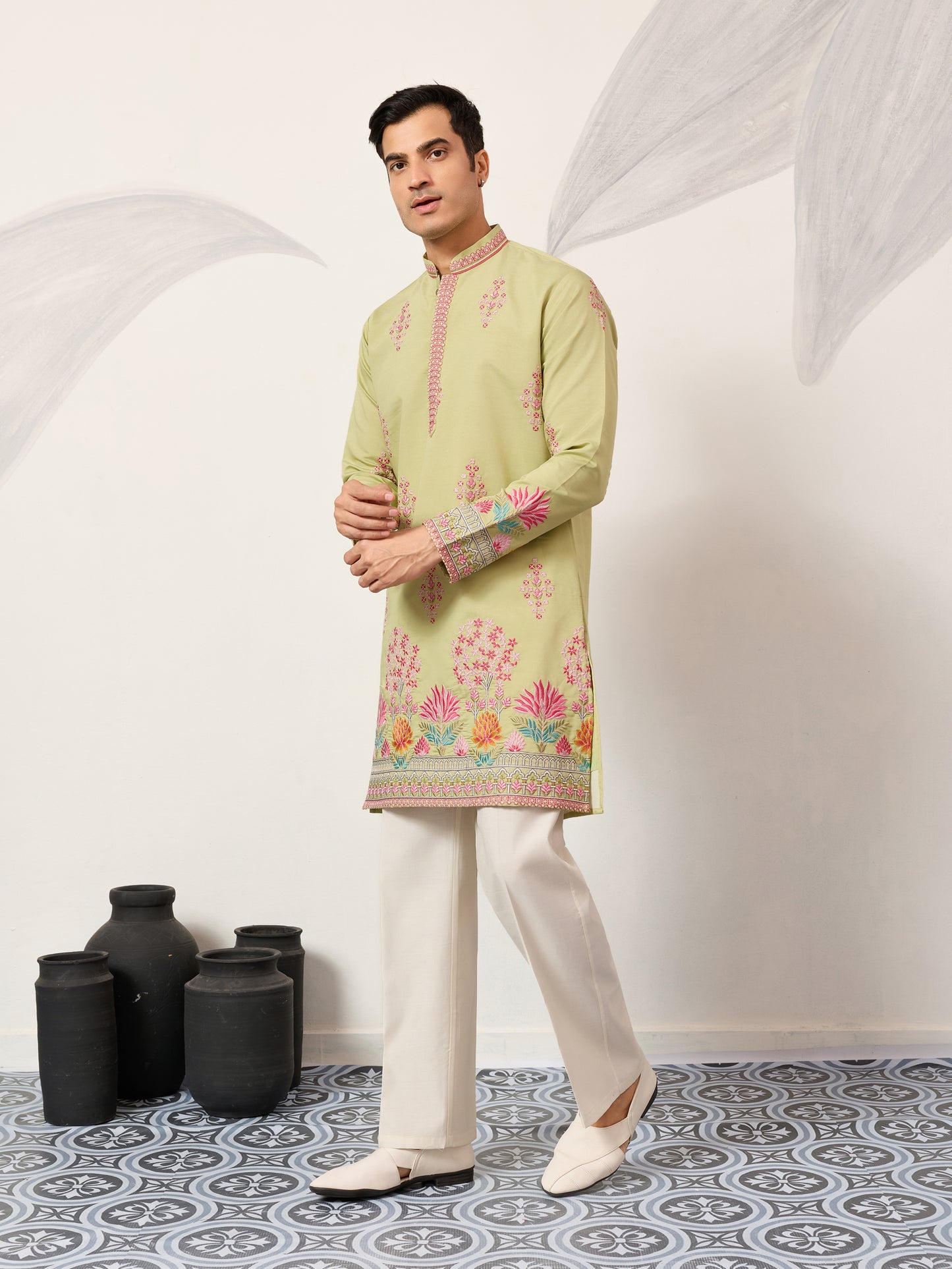 Royal Pista Bloom Embroidered Kurta for Men – Premium Festive Wear
