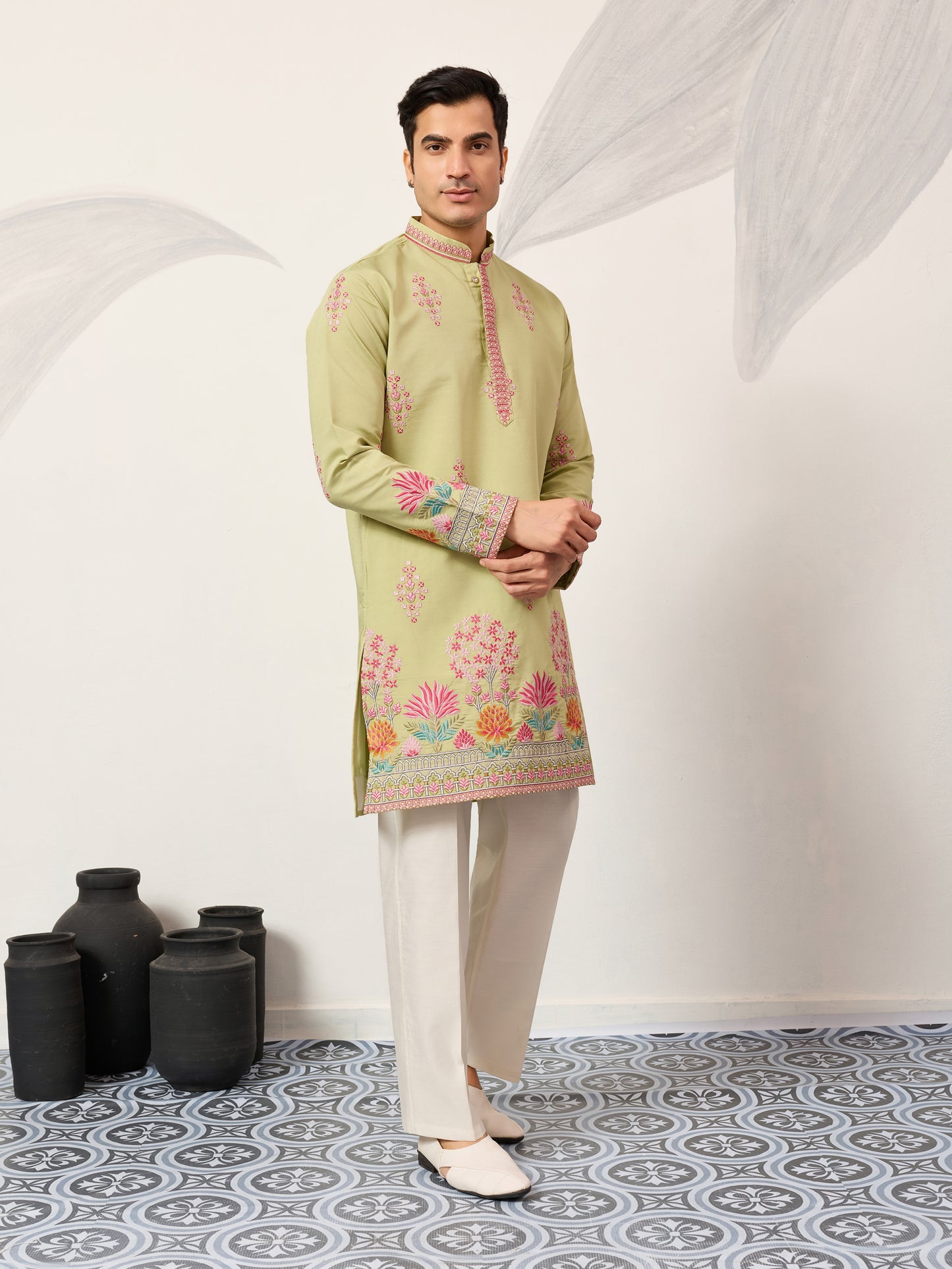 Royal Pista Bloom Embroidered Kurta for Men – Premium Festive Wear
