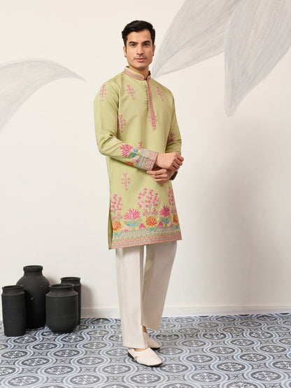 Royal Pista Bloom Embroidered Kurta for Men – Premium Festive Wear