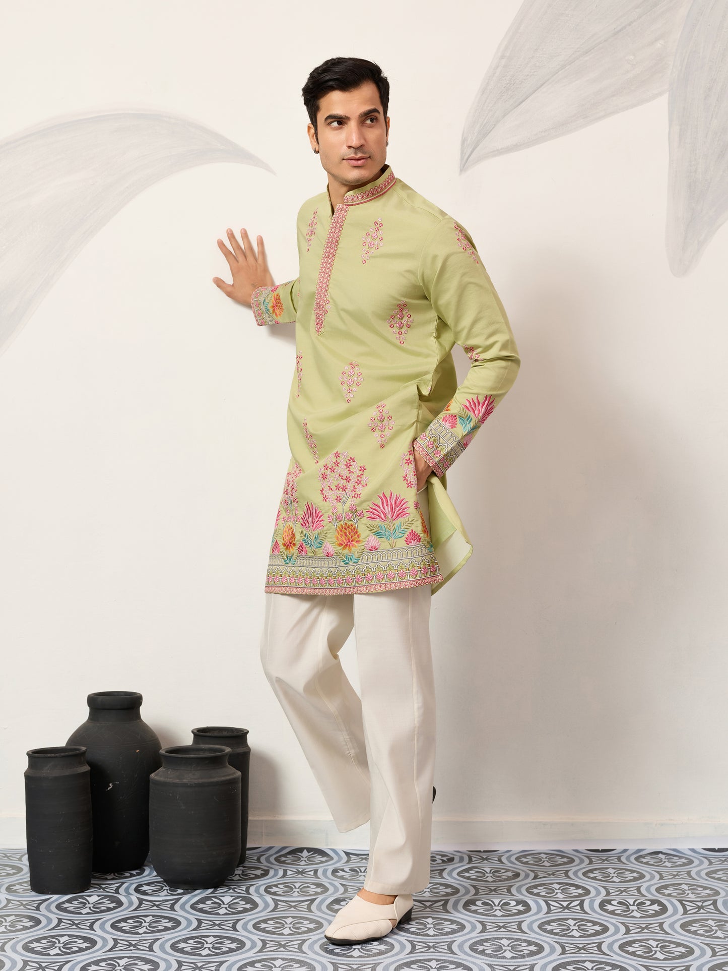 Royal Pista Bloom Embroidered Kurta for Men – Premium Festive Wear