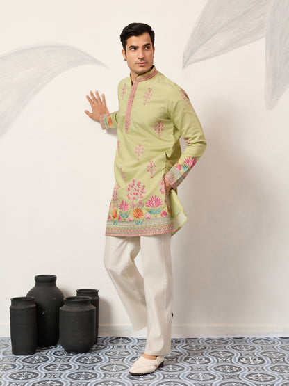 Royal Pista Bloom Embroidered Kurta for Men – Premium Festive Wear