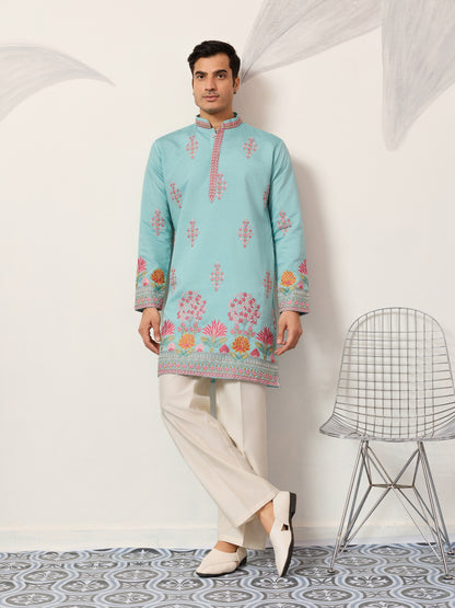 Sky Blue Royal Garden Embroidered Kurta for Men