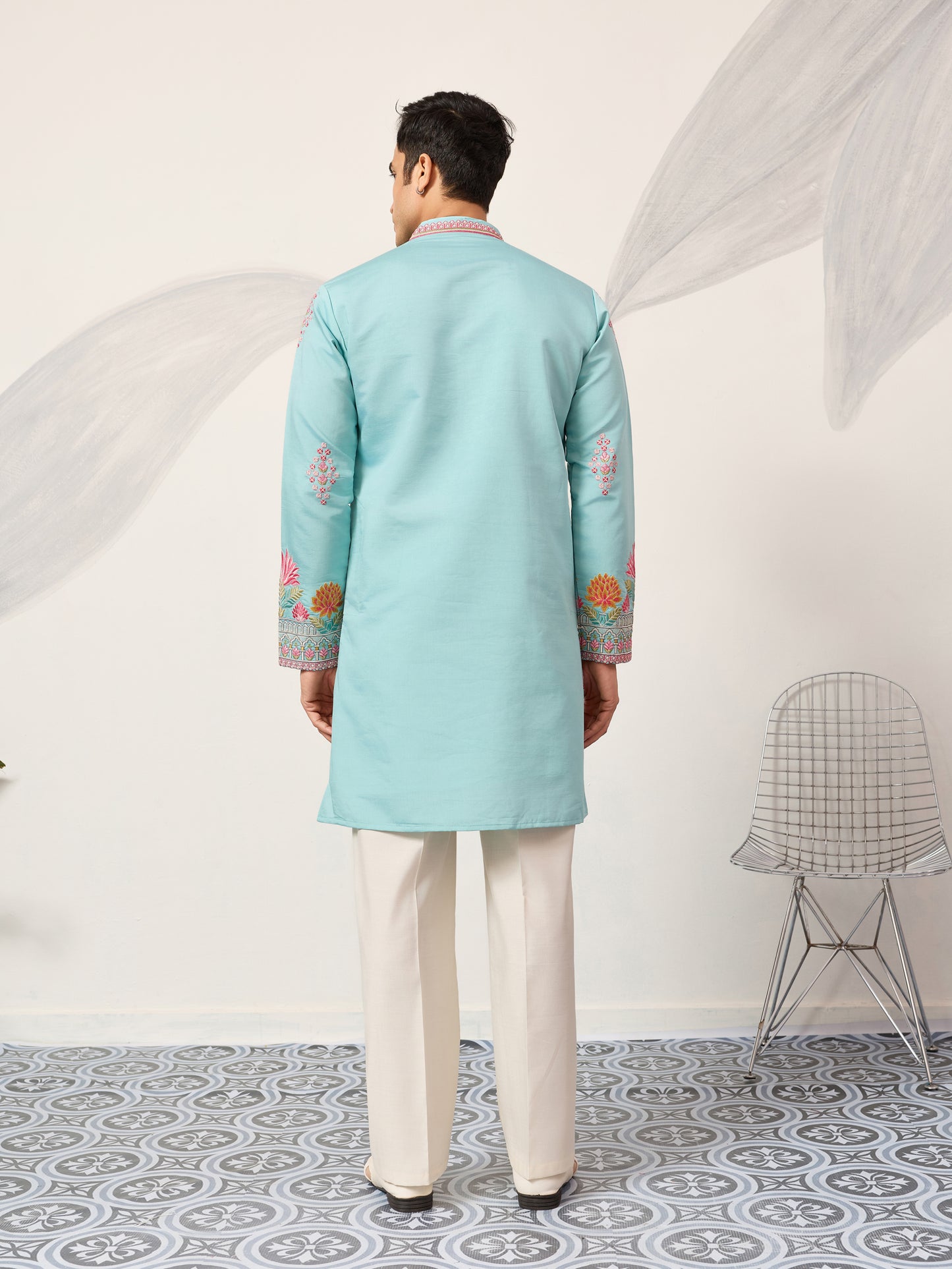 Sky Blue Royal Garden Embroidered Kurta for Men
