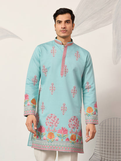 Sky Blue Royal Garden Embroidered Kurta for Men