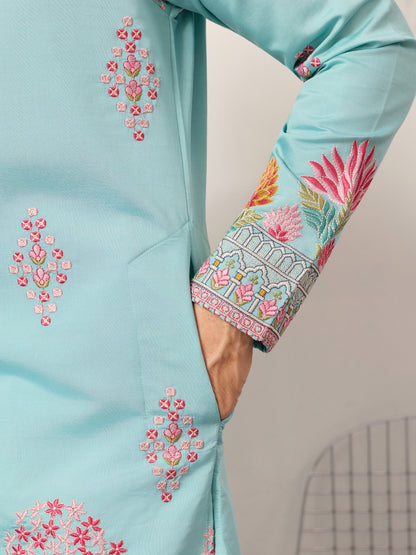 Sky Blue Royal Garden Embroidered Kurta for Men