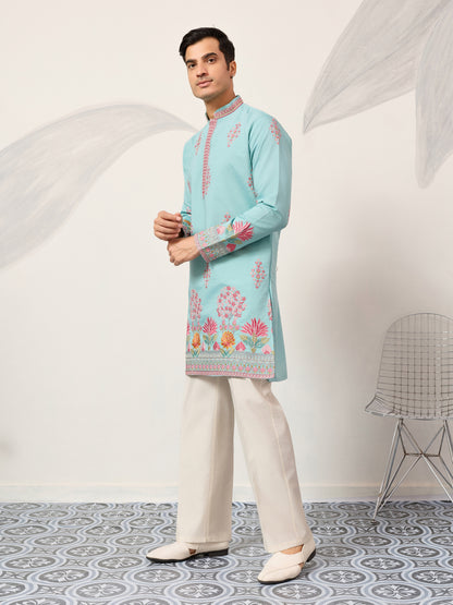 Sky Blue Royal Garden Embroidered Kurta for Men