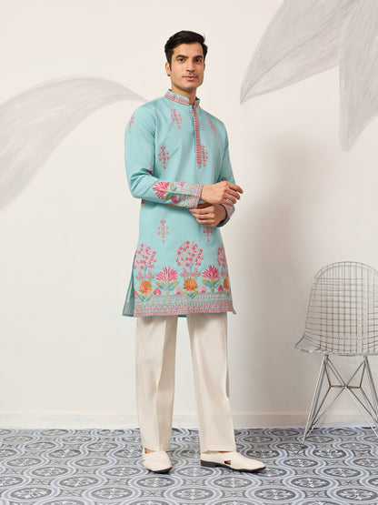 Sky Blue Royal Garden Embroidered Kurta for Men