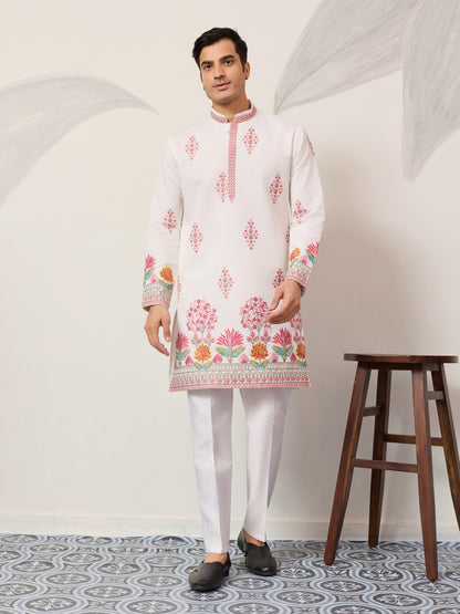 Pure White Royal Garden Embroidered Kurta for Men – Luxury Festive Designer Wear