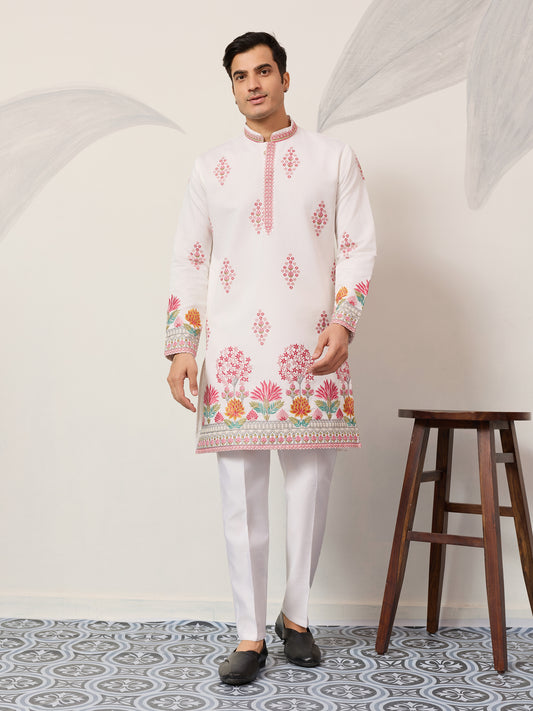 Pure White Royal Garden Embroidered Kurta for Men – Luxury Festive Designer Wear