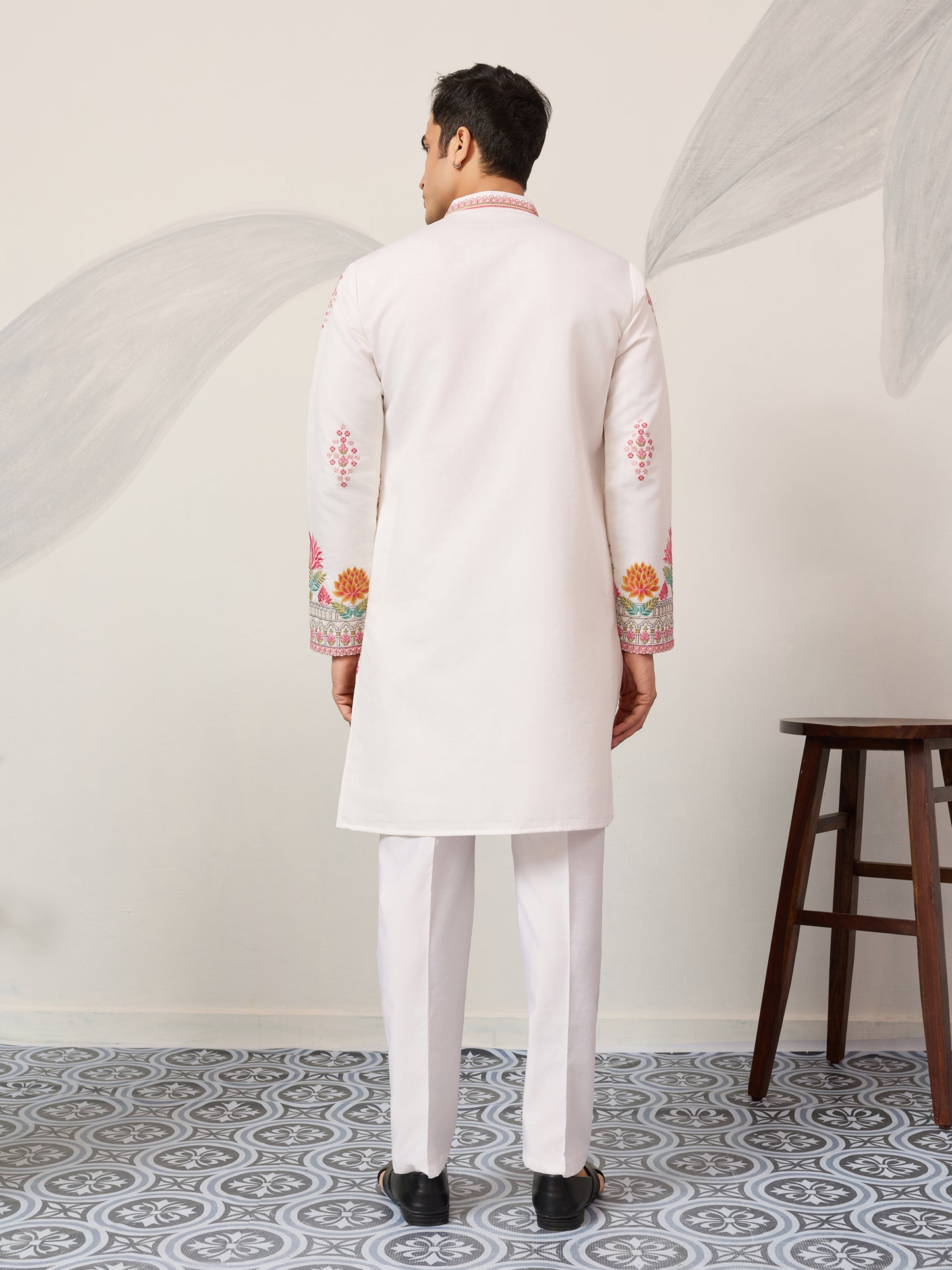 Pure White Royal Garden Embroidered Kurta for Men – Luxury Festive Designer Wear