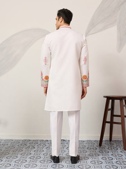 Pure White Royal Garden Embroidered Kurta for Men – Luxury Festive Designer Wear