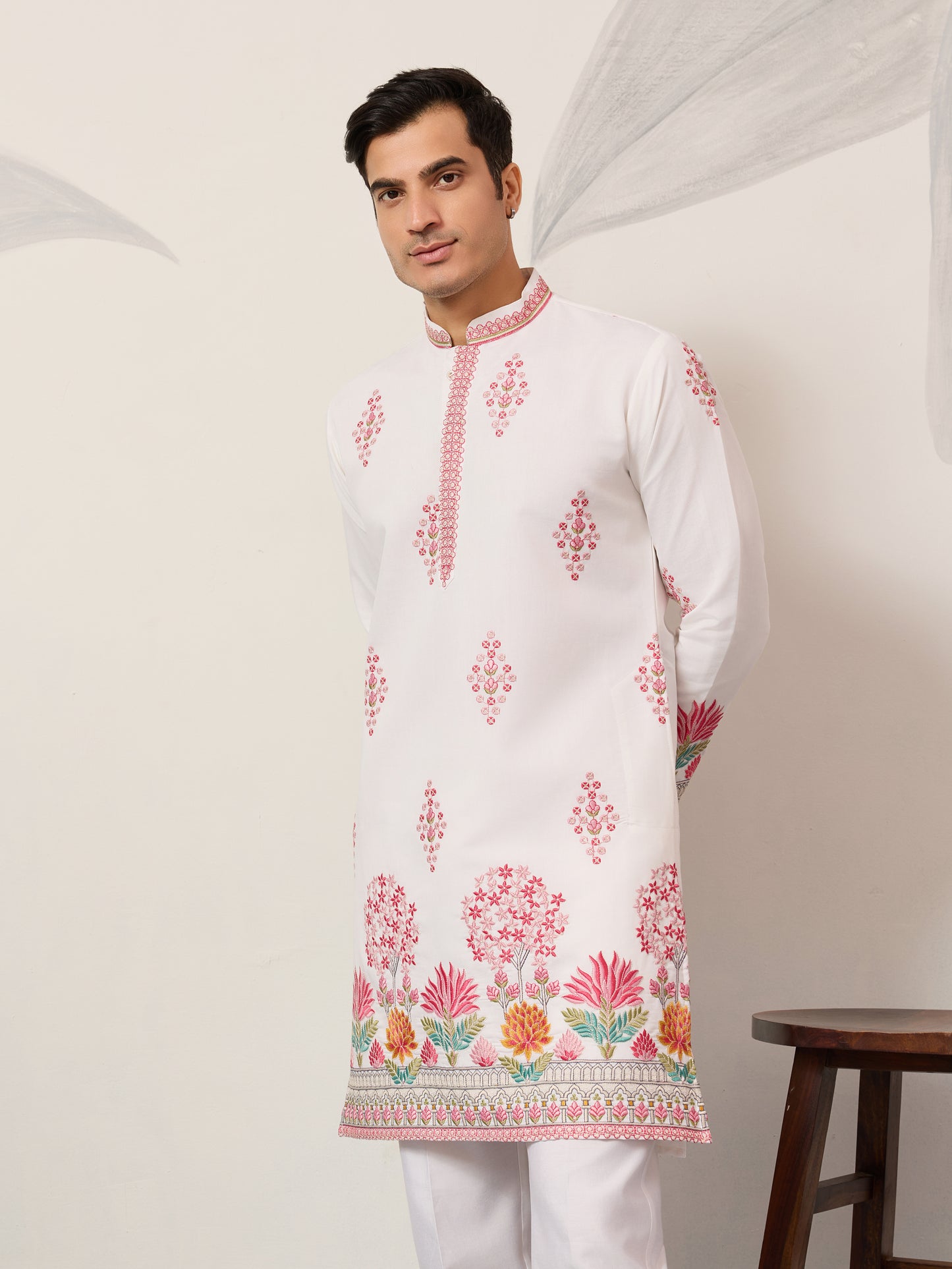 Pure White Royal Garden Embroidered Kurta for Men – Luxury Festive Designer Wear