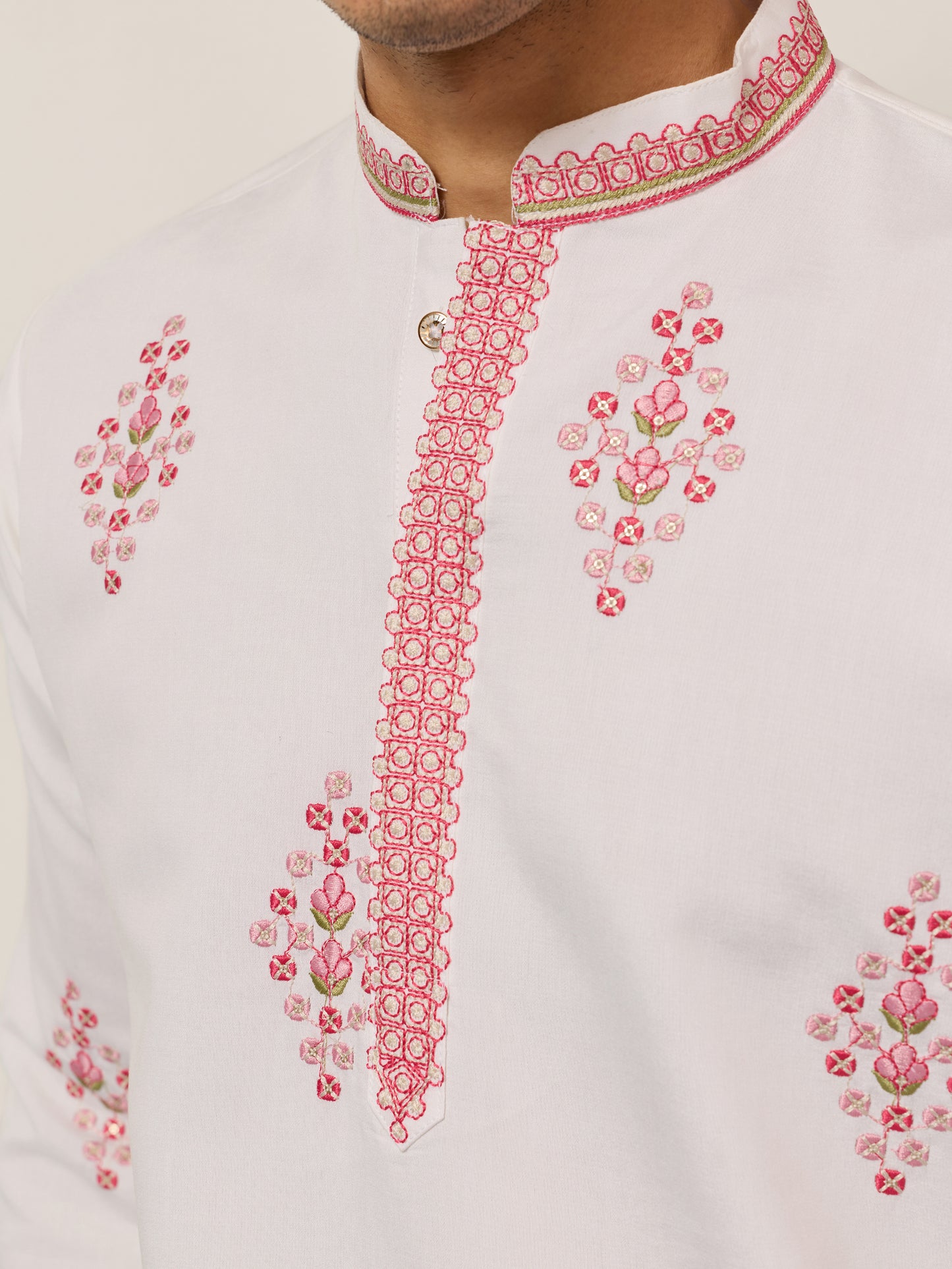 Pure White Royal Garden Embroidered Kurta for Men – Luxury Festive Designer Wear