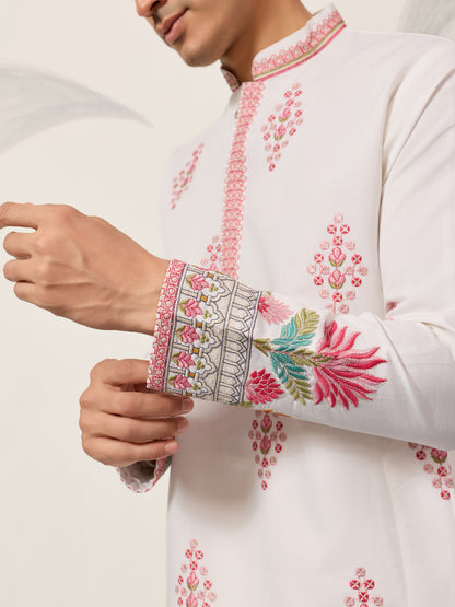 Pure White Royal Garden Embroidered Kurta for Men – Luxury Festive Designer Wear