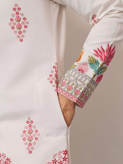 Pure White Royal Garden Embroidered Kurta for Men – Luxury Festive Designer Wear
