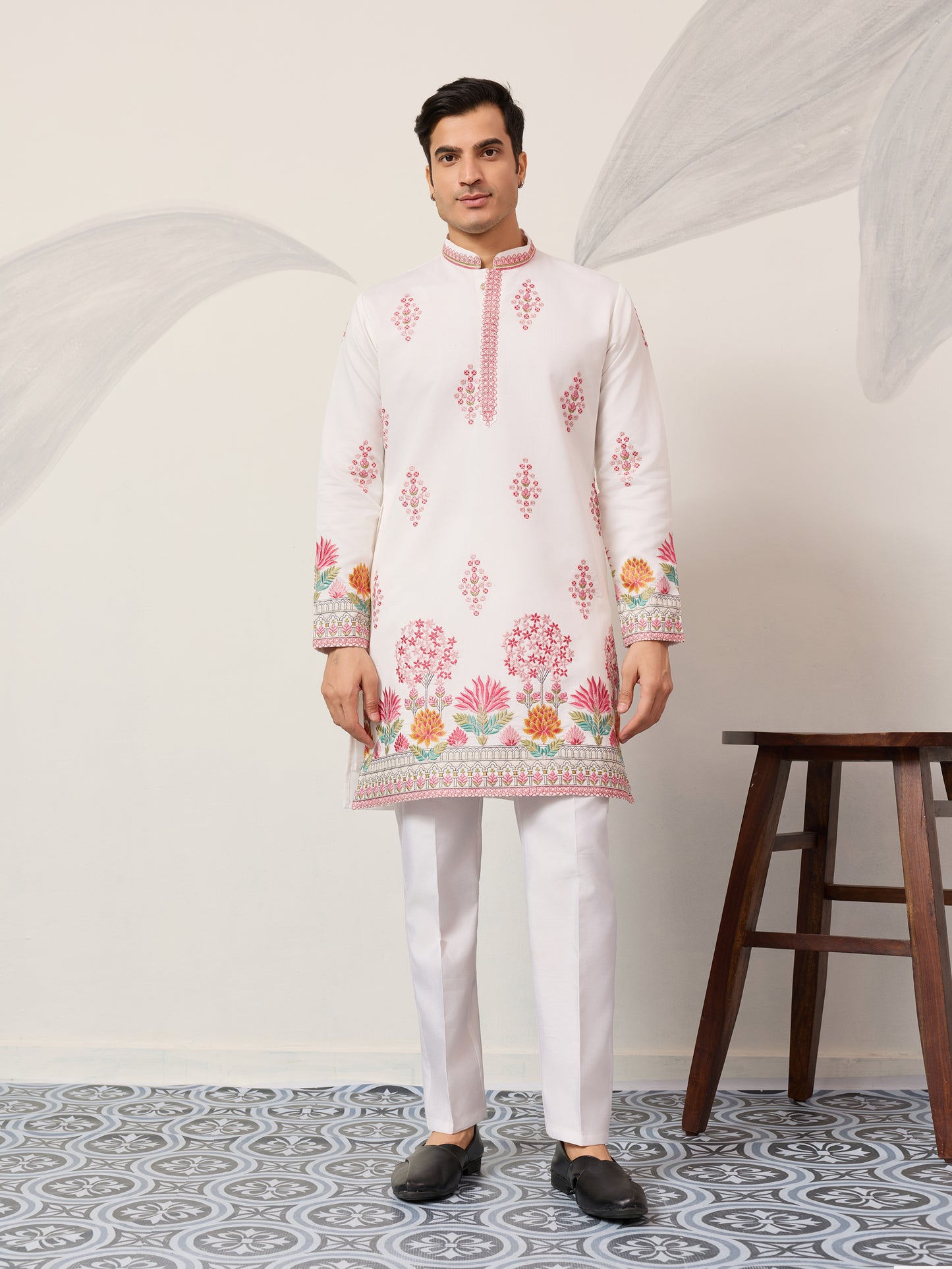 Pure White Royal Garden Embroidered Kurta for Men – Luxury Festive Designer Wear