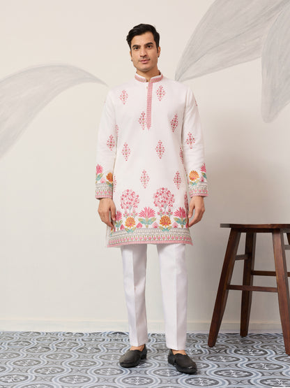 Pure White Royal Garden Embroidered Kurta for Men – Luxury Festive Designer Wear