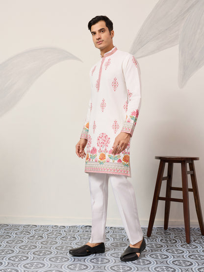 Pure White Royal Garden Embroidered Kurta for Men – Luxury Festive Designer Wear