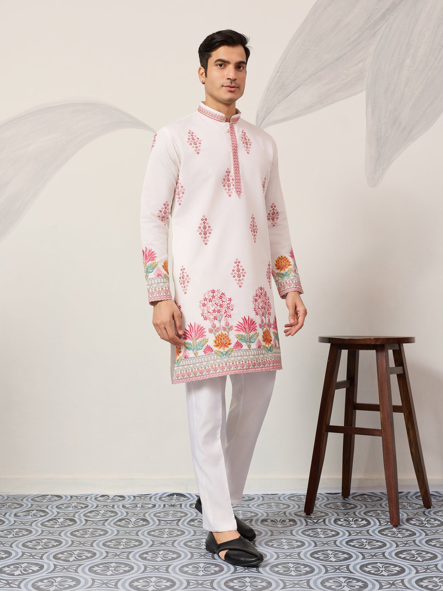 Pure White Royal Garden Embroidered Kurta for Men – Luxury Festive Designer Wear