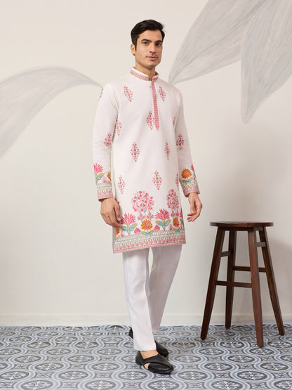 Pure White Royal Garden Embroidered Kurta for Men – Luxury Festive Designer Wear