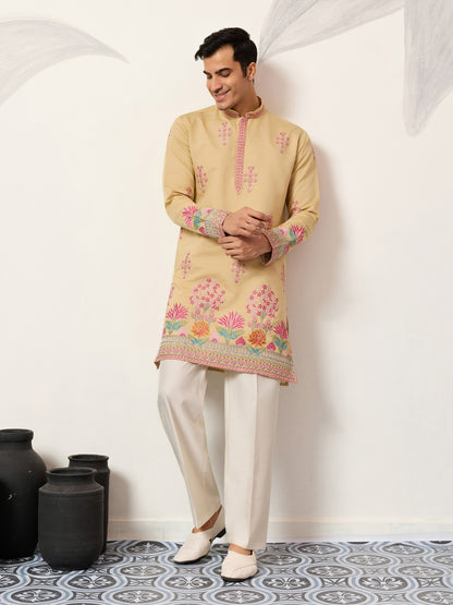 Royal Mustard Yellow Floral Embroidered Kurta for Men – Premium Festive Designer Wear