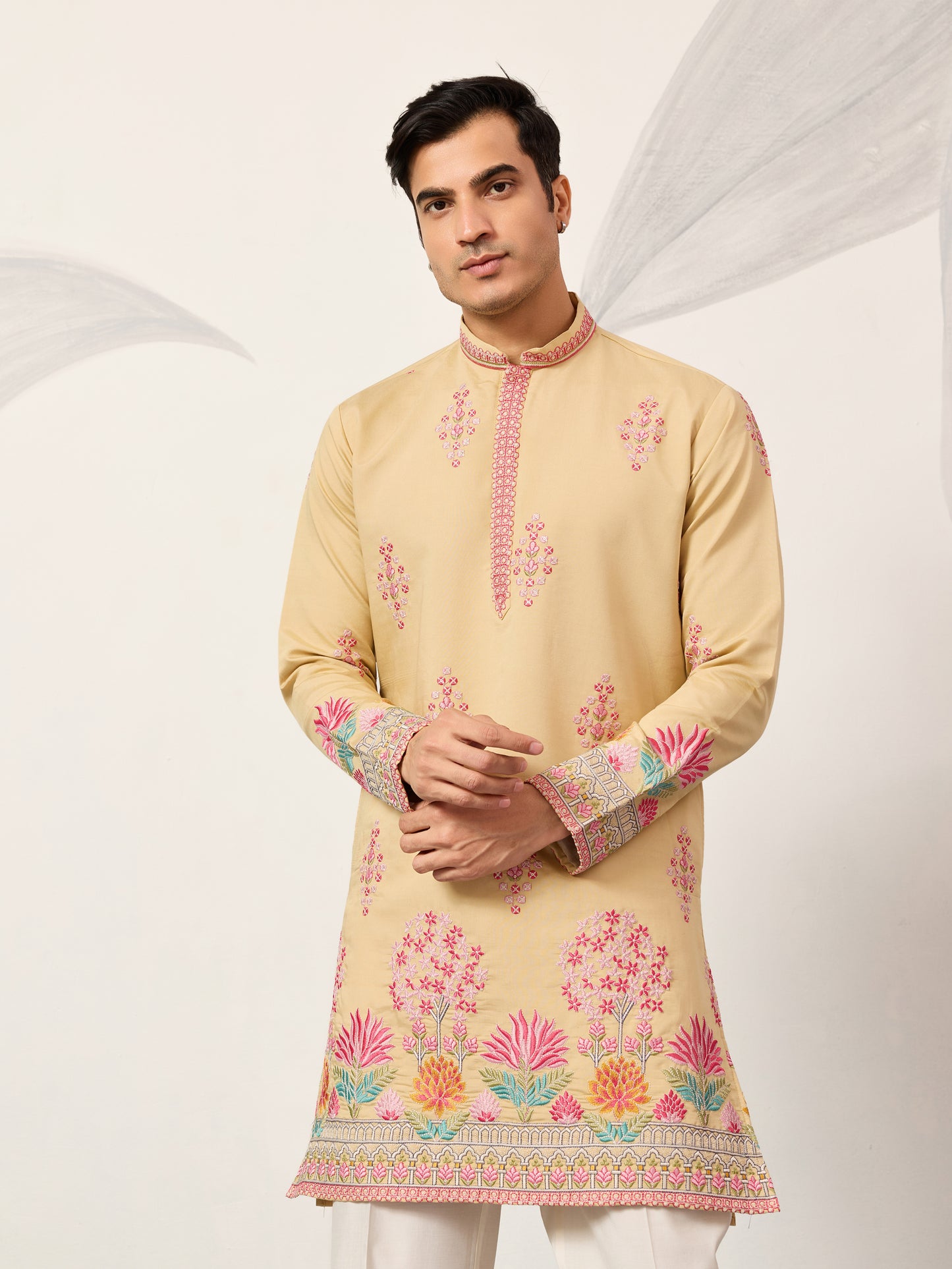 Royal Mustard Yellow Floral Embroidered Kurta for Men – Premium Festive Designer Wear